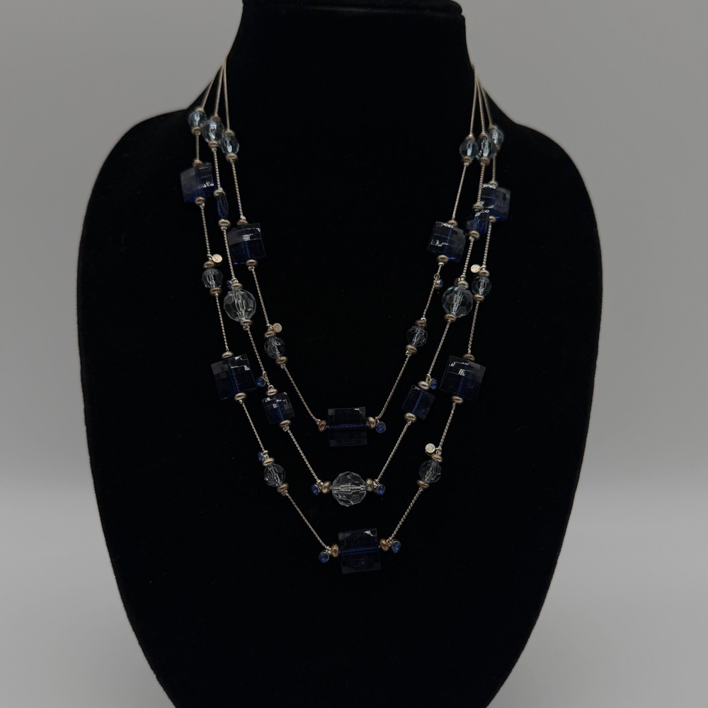 Vtg Blue Multi Strand Layered Necklace Cobalt Square Clear Faceted Beads Silver
